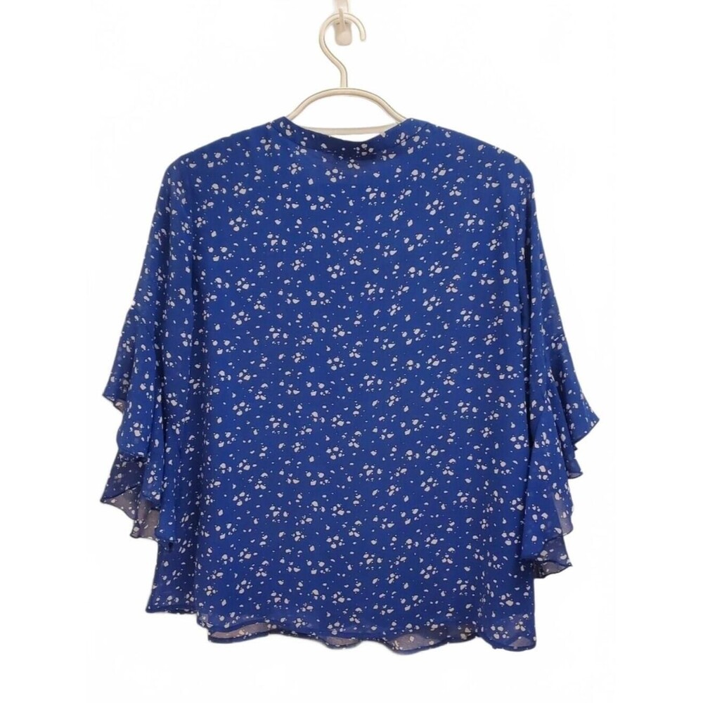 Blue Floral Split-Neck Ruffle Sleeve Blouse - Picture 2 of 8